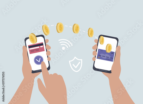 transfer of money online through bank mobile applications. payment via wireless smartphone. purchase of goods in an online store, credit wallet in a mobile. Safe and fast payments over the internet