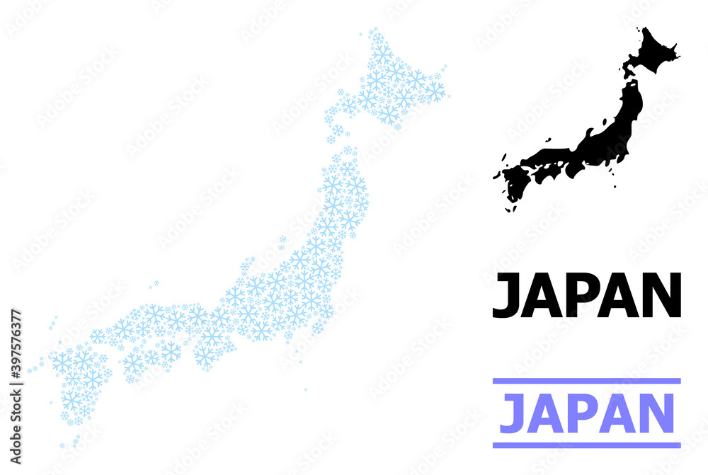 Vector composition map of Japan combined for New Year, Christmas celebration, and winter. Mosaic map of Japan is done with light blue snow elements. Design elements for patriotic and New Year posters.