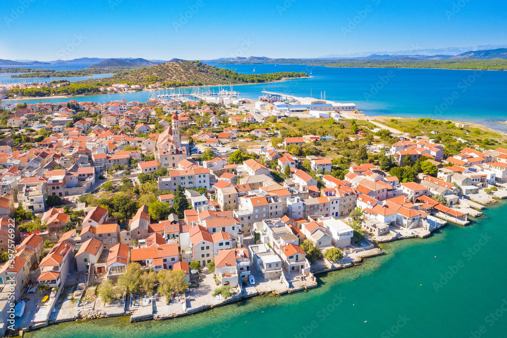 Town of Betina on the island of Murter on Adriatic coast in Croatia, beautiful seascape from air