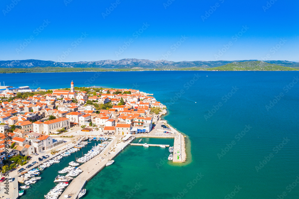 Town of Betina on the island of Murter on Adriatic coast in Croatia, beautiful seascape from air