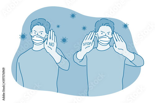 Danger of coronavirus infection epidemic, wearing protective face mask, pandemic concept. Young man in medical face mask standing with sign stop and no on hands. Prevention of spreading COVID-19 