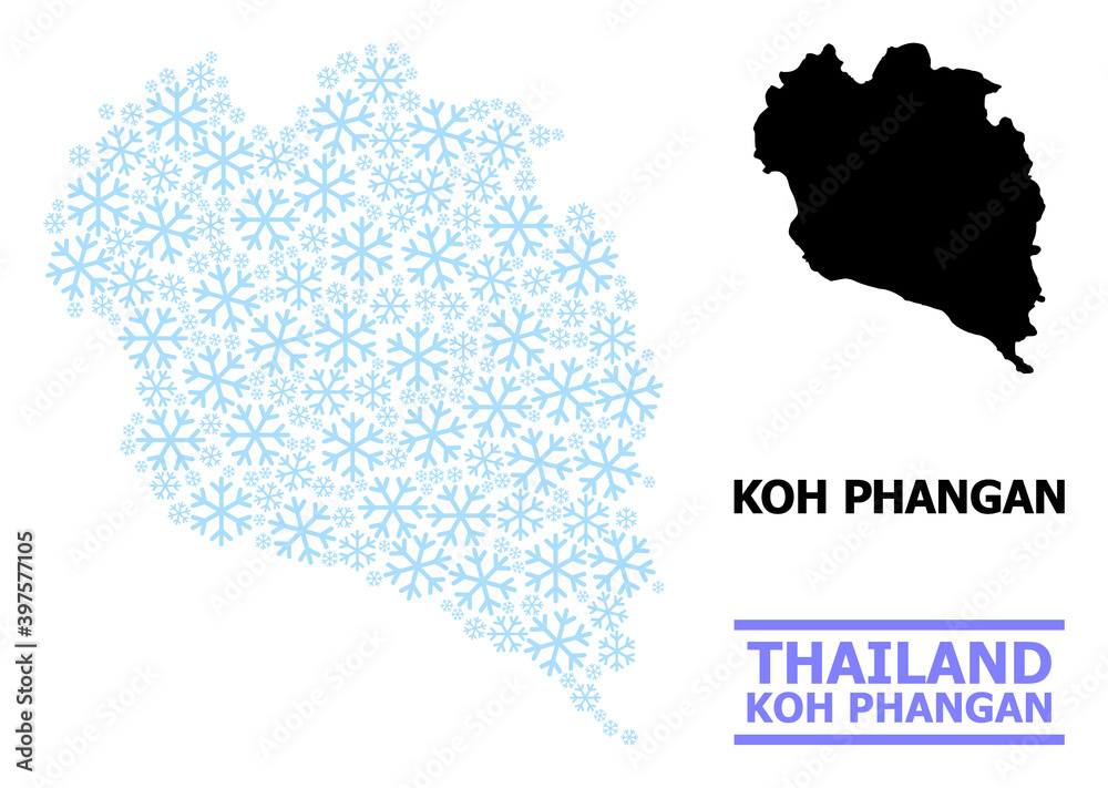 Vector mosaic map of Koh Phangan combined for New Year, Christmas celebration, and winter. Mosaic map of Koh Phangan is constructed from light blue snow items.