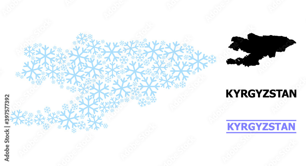Vector composition map of Kyrgyzstan created for New Year, Christmas celebration, and winter. Mosaic map of Kyrgyzstan is done with light blue snow items.