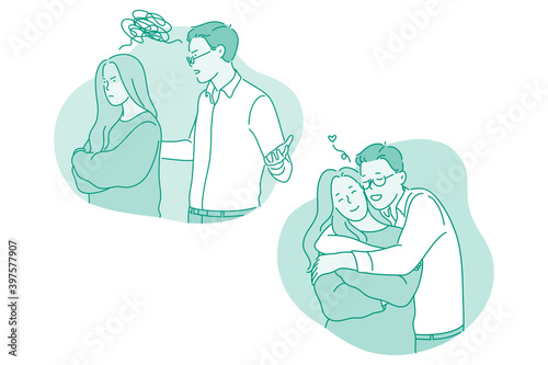 Misunderstanding, quarrelling, reconciliation concept. Young couple first quarrelling and having scandal and then reconciling and hugging each other with love vector illustration