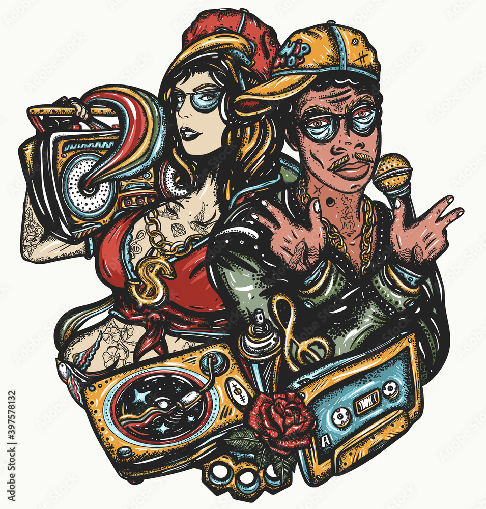 Fashion portrait of modern rap people. Hip hop girl and man. Old school music  art. Swag lifestyle. Street break dance. Boom box, audio cassette. Musical  tattoo and t-shirt design Stock Vector |