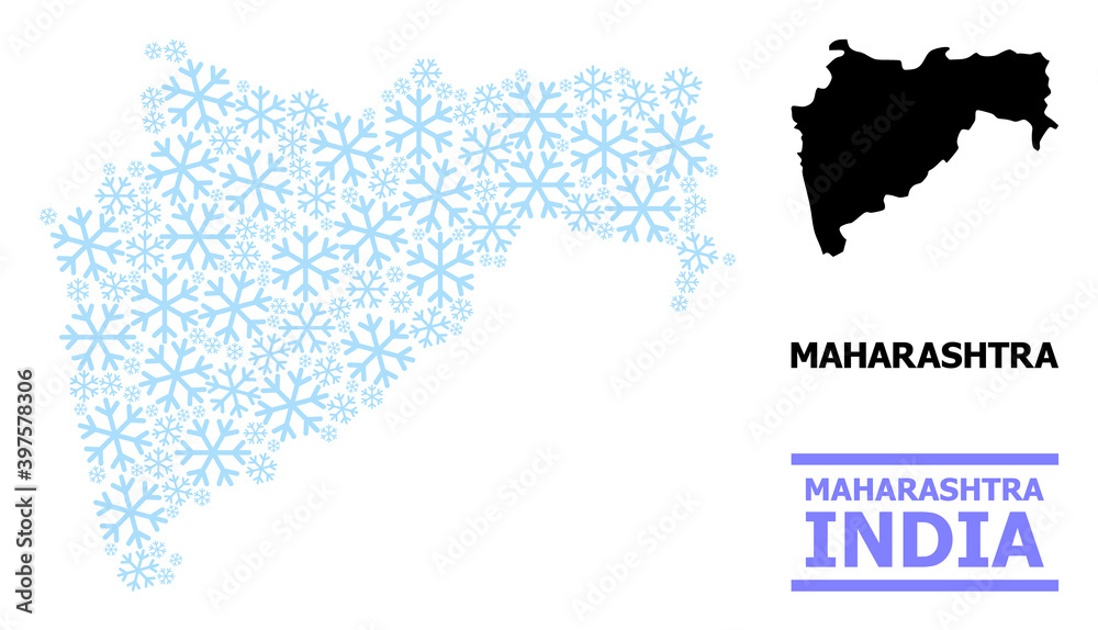 Vector mosaic map of Maharashtra State created for New Year, Christmas celebration, and winter. Mosaic map of Maharashtra State is designed of light blue snow icons.