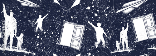 Father and son, open door in universe. Symbol of childhood, imagination, immortality, creativity. Seamless pattern. Black and white surreal graphic