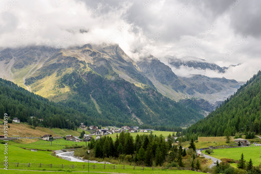 Panoramic view of Solda, South Tyrol, Italy, under a dramatic sky