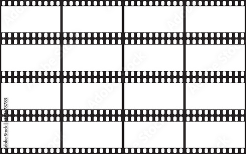 Blank film strip. Vector illustration of empty analog photographic film connected with each other. Set of film frames with space for text or object inside. Horizontal orientation.