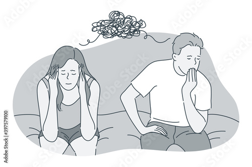 Misunderstanding, quarrelling, depression concept. Young unhappy couple sitting on sofa and thinking about problems with mutual understanding feeling lonely vector illustration