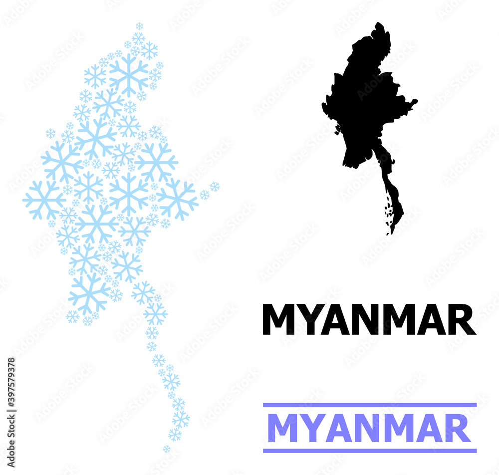 Vector mosaic map of Myanmar designed for New Year, Christmas celebration, and winter. Mosaic map of Myanmar is created of light blue snow elements.