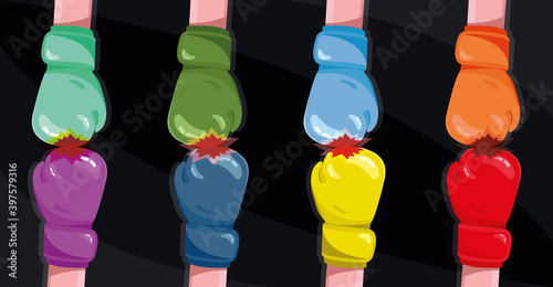 Boxing athlete with his hand in the air. Colorful boxing gloves for wall, banner and poster design. Design icon on a black background. 