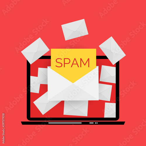 Envelope with spam. Spam Email Warning Window On Laptop Screen. Vector Illust...