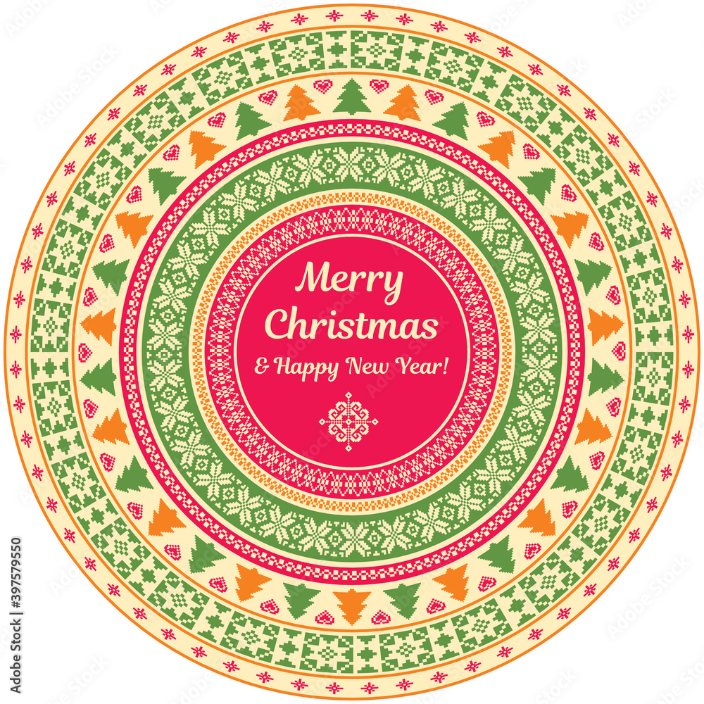 Circular ornamental pattern. Christmas and New Year greeting card template. Traditional knitted motives