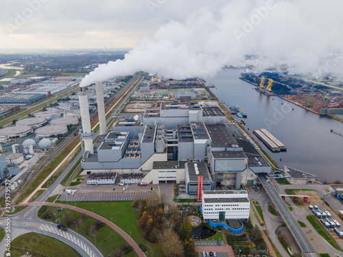 Waste energy recovery plant, Amsterdam Westpoort burning waste to recovery energy. Aerial drone view
