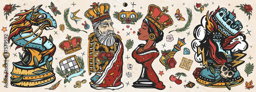 Chess old school tattoo vector collection. White king and black queen. Gambit. Pieces, board game. Fiery knight and burning rook. Cartoon figures. Checkmate concept. Traditional tattooing style