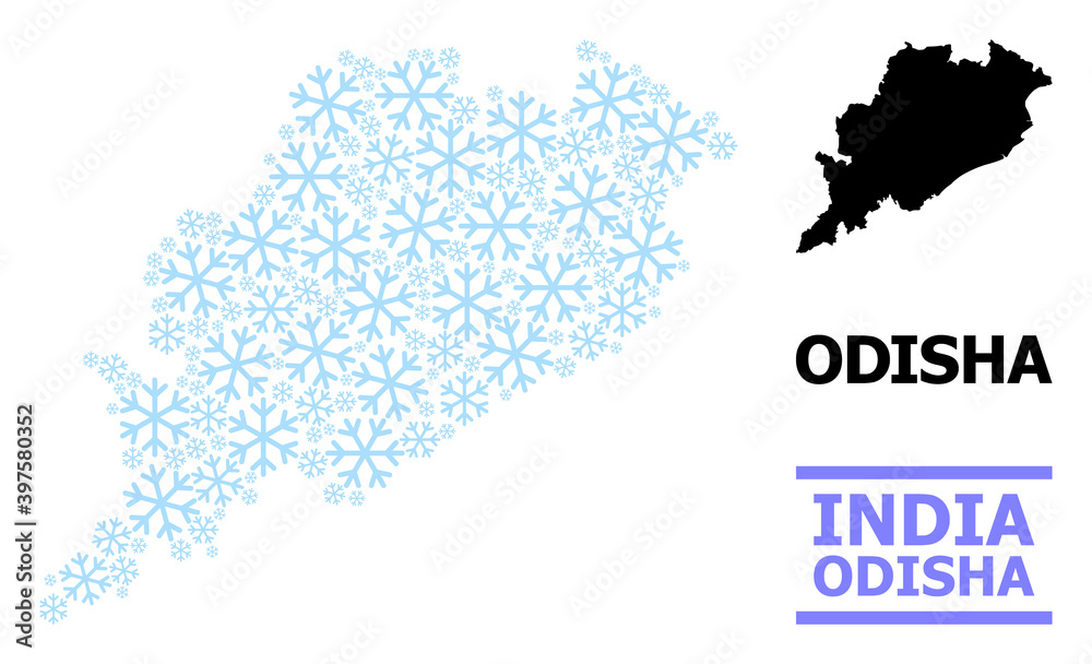 Vector collage map of Odisha State created for New Year, Christmas celebration, and winter. Mosaic map of Odisha State is formed of light blue snow items.