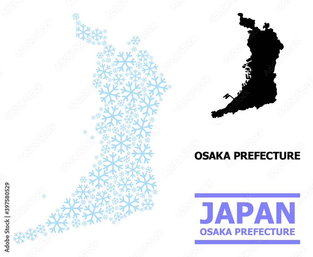 Vector mosaic map of Osaka Prefecture organized for New Year, Christmas celebration, and winter. Mosaic map of Osaka Prefecture is constructed with light blue snow elements.