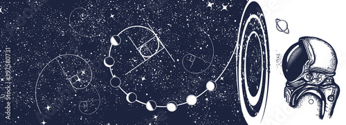 Astronaut, night sky and universe. Black hole art. Symbol of knowledge, studying, science. Black and white surreal graphic