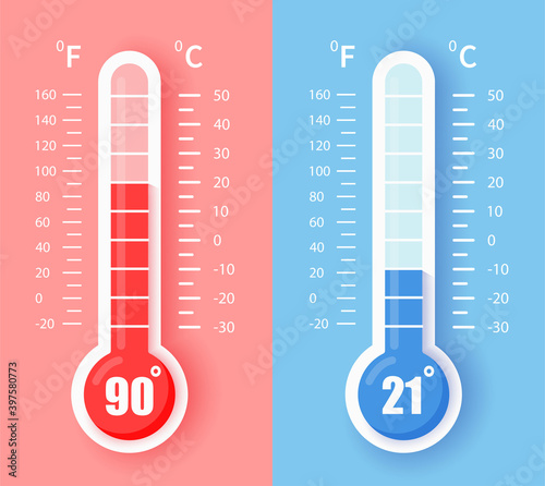Celsius and fahrenheit meteorology thermometers. Hot and cold thermometers showing hot or cold weather. Vector illustration