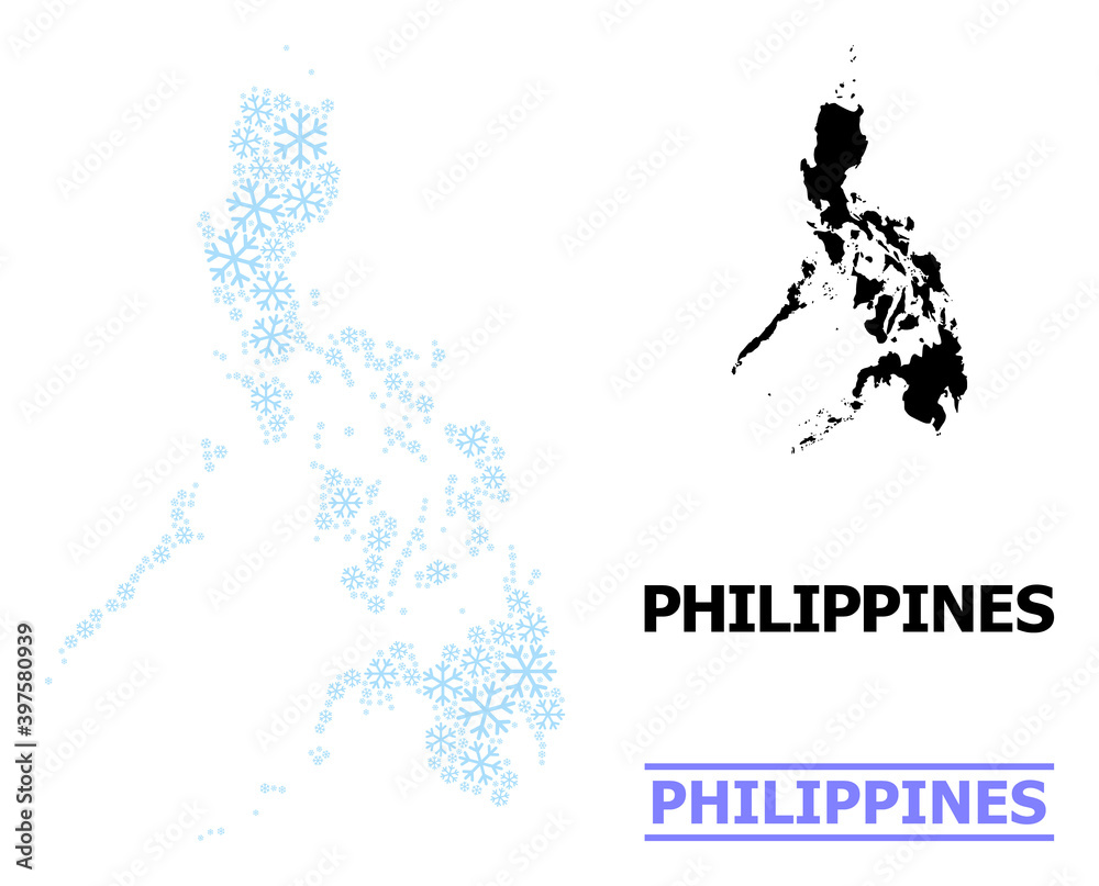 Vector mosaic map of Philippines constructed for New Year, Christmas celebration, and winter. Mosaic map of Philippines is created from light blue ice crystals.