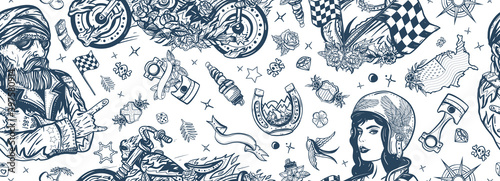 Bikers lifestyle. Bearded biker man, burning chopper motorcycle, rider moto sport woman. Seamless pattern. Pin up girl, spark plug. Racers background. Old school tattoo background