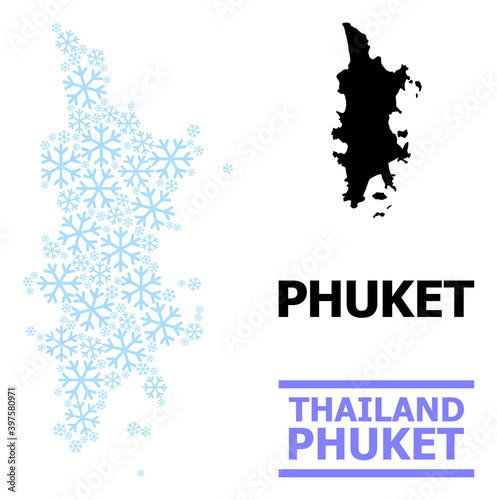 Vector mosaic map of Phuket done for New Year  Christmas celebration  and winter. Mosaic map of Phuket is formed with light blue snow icons. Design elements for political and New Year purposes.