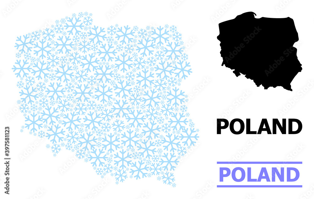 Vector mosaic map of Poland combined for New Year, Christmas celebration, and winter. Mosaic map of Poland is organized of light blue snowflakes.