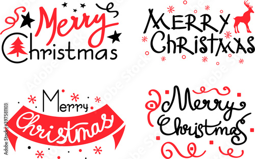 Set of four Merry Christmas lettering. Red and black hand drawn text with decorative elements for greeting card. Text celebration poster. Vector illustration. 