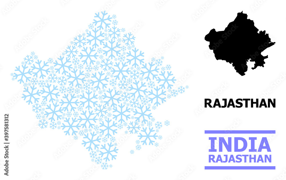 Vector mosaic map of Rajasthan State done for New Year, Christmas celebration, and winter. Mosaic map of Rajasthan State is organized of light blue snow items.