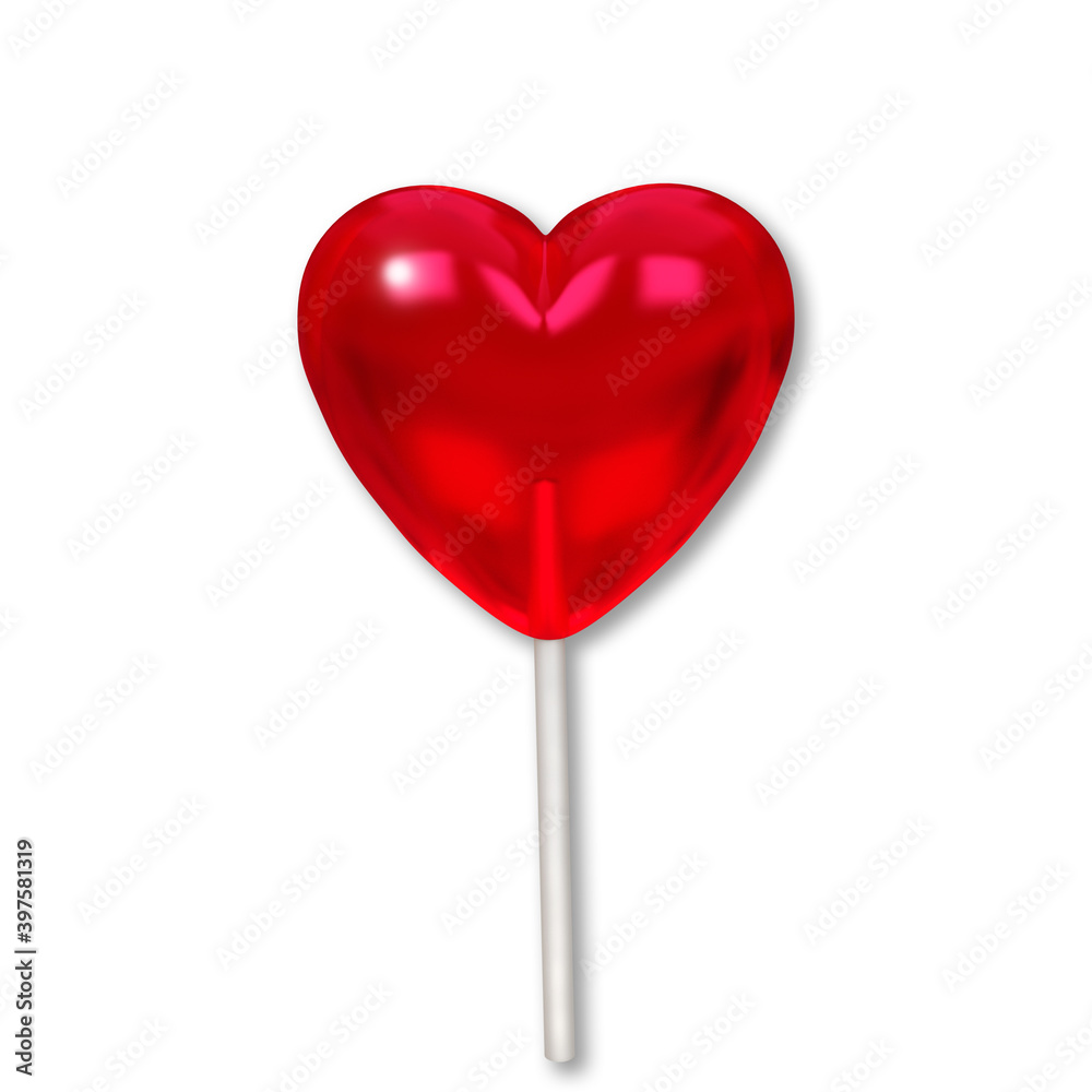 Red heart-shaped Lollipop isolated on a white background. 3 d illustration.