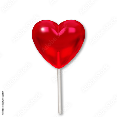 Red heart-shaped Lollipop isolated on a white background. 3 d illustration.
