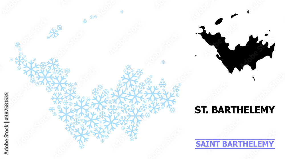 Vector mosaic map of Saint Barthelemy done for New Year, Christmas celebration, and winter. Mosaic map of Saint Barthelemy is done from light blue snow items.