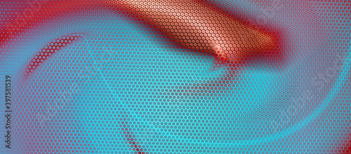 Metal cyan and copper colors, background perforated with hexs. Abstract Technology backdrop geometric textured hexagons, modern design for cover. Banner with hex shapes. Vector illustration