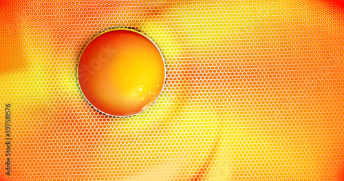 Orange background perforated with hexs. Abstract Technology backdrop, futuristic scrambled eggs and textured hexagons. Modern cover design. Banner, hex shapes. Vector illustration