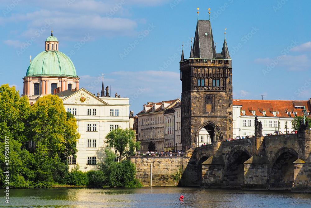 Charles bridge, Old Town Bridge Tower. Historical center of Prague, buildings and landmarks, Vltava river. Prague, Czech Republic