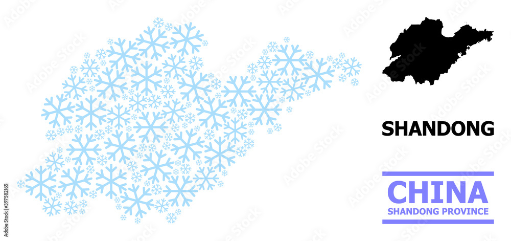 Obraz premium Vector mosaic map of Shandong Province organized for New Year, Christmas celebration, and winter. Mosaic map of Shandong Province is organized with light blue snow icons.