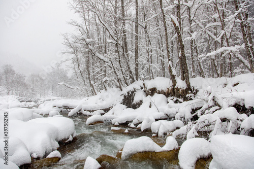 Cold winter stream with snow in the mountains, the Western Caucasus
