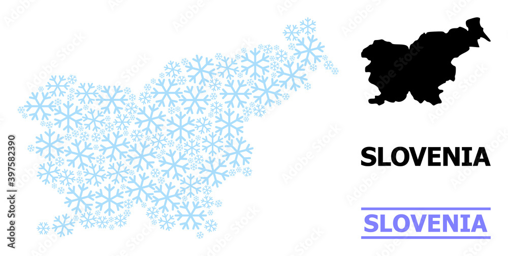 Vector mosaic map of Slovenia done for New Year, Christmas celebration, and winter. Mosaic map of Slovenia is composed from light blue snow items. Design template for patriotic and New Year posters.