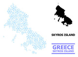 Vector composition map of Skyros Island created for New Year, Christmas celebration, and winter. Mosaic map of Skyros Island is created with light blue snow elements.