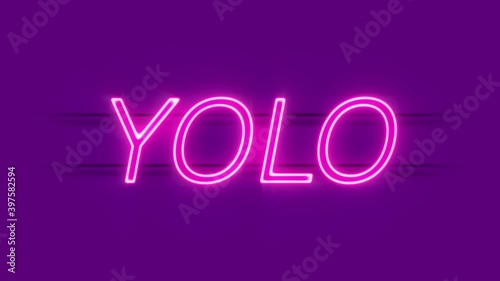YOLO neon sign appear on violet background. Loop animation of retro neon sign. photo