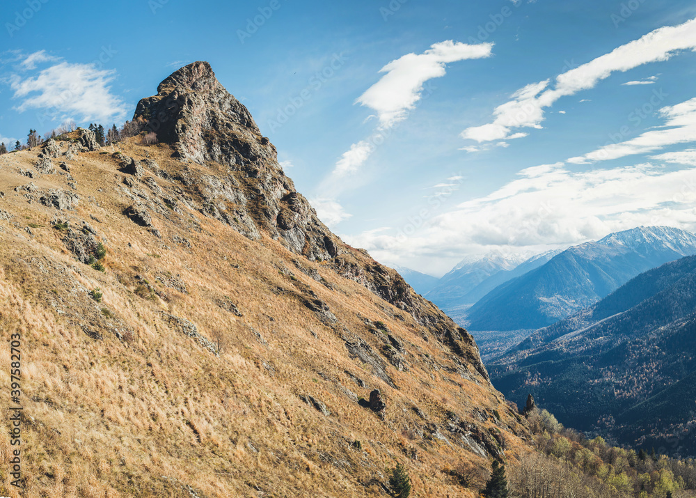 Fototapeta premium The top of the mountain in the mountain village of Zakan in the North Caucasus
