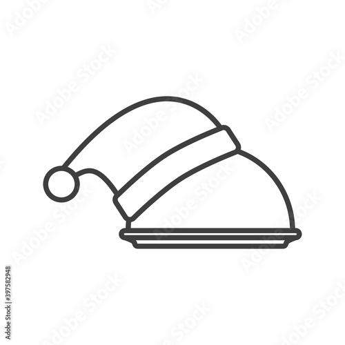 Cena de navidad. Comida para llevar. Logotipo con gorro de Papá Noel con bandeja con tapadera en color gris