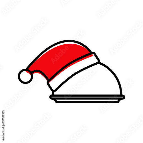 Cena de navidad. Comida para llevar. Logotipo con gorro de Papá Noel con bandeja con tapadera en color rojo y negro