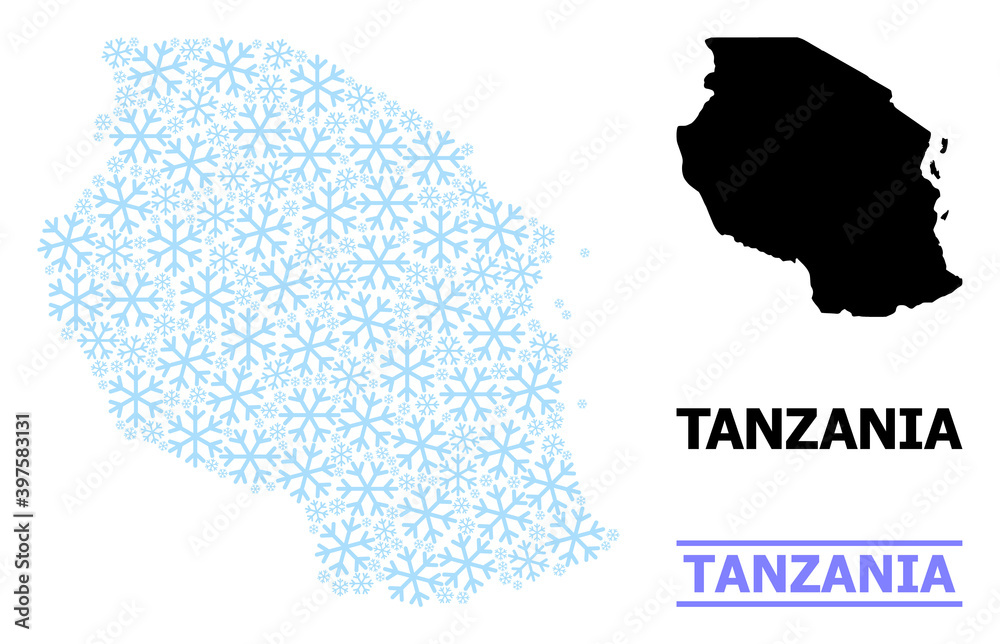 Vector mosaic map of Tanzania combined for New Year, Christmas celebration, and winter. Mosaic map of Tanzania is designed with light blue snow flakes.