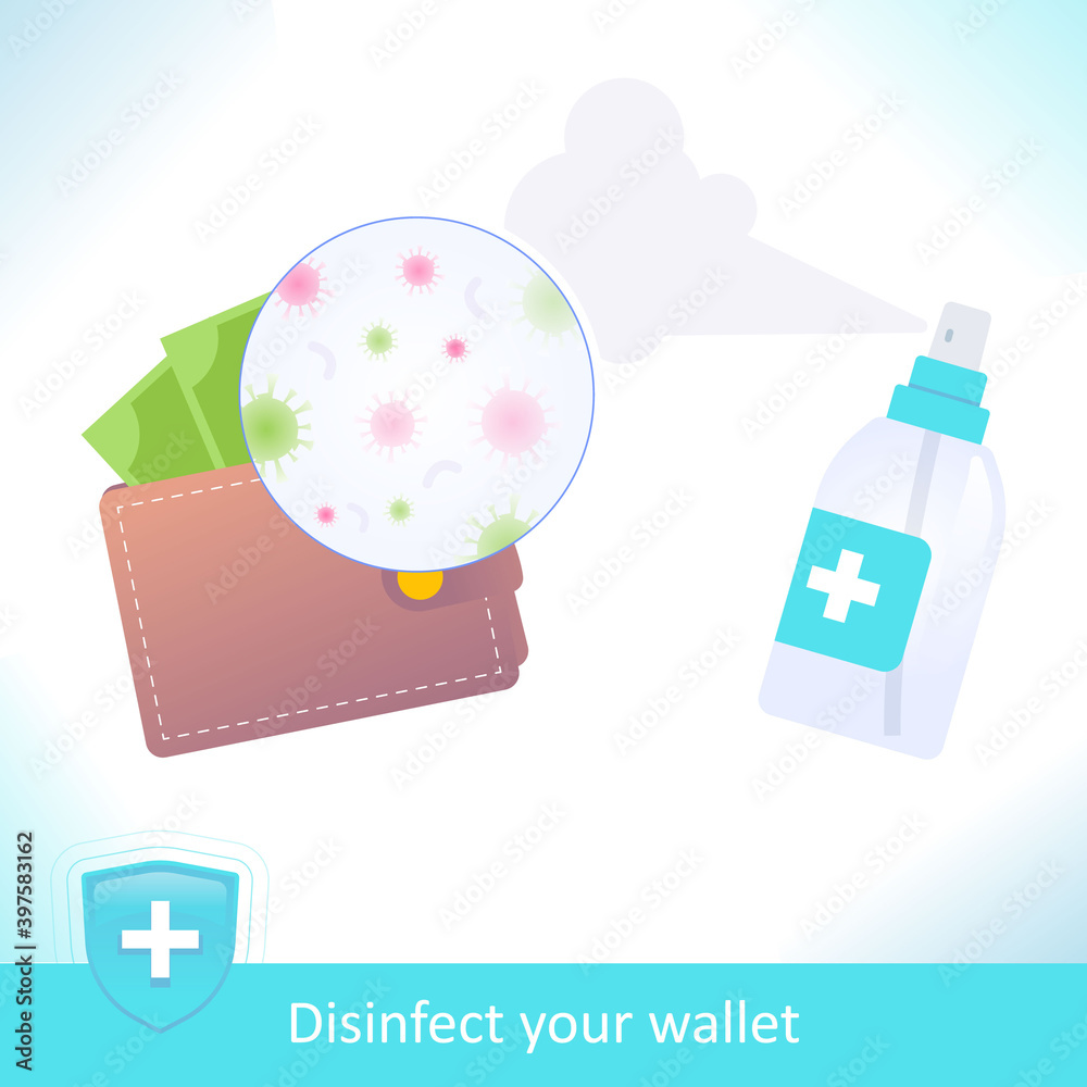 Virus prevention concept. Clean, sanitize or disinfect your wallet. Virus germs and bacteria on money. Prevention of coronavirus pandemic, illness, disease, vector illustration Virus prevention concept. Clean, sanitize or disinfect your wallet. Virus germs and bacteria on money. Prevention of coronavirus pandemic, illness, disease, vector illustration