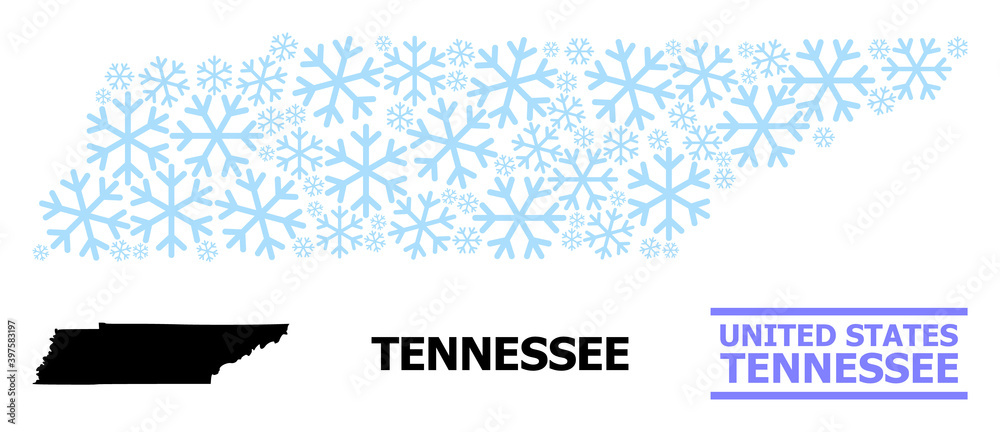 Obraz premium Vector collage map of Tennessee State created for New Year, Christmas celebration, and winter. Mosaic map of Tennessee State is created from light blue snow.