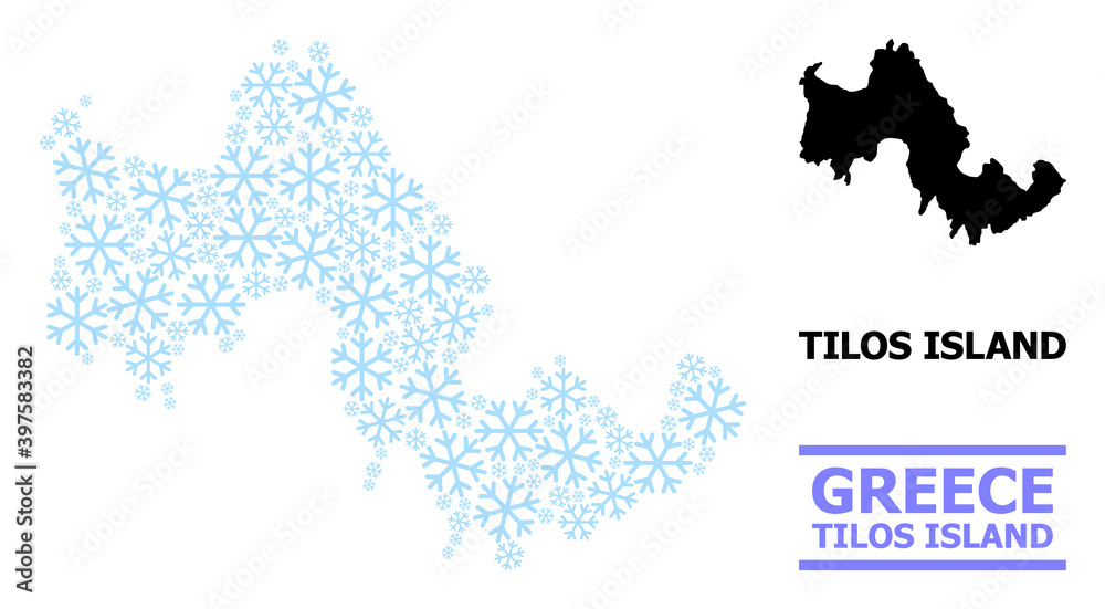 Obraz premium Vector mosaic map of Tilos Island done for New Year, Christmas celebration, and winter. Mosaic map of Tilos Island is constructed from light blue snow items.