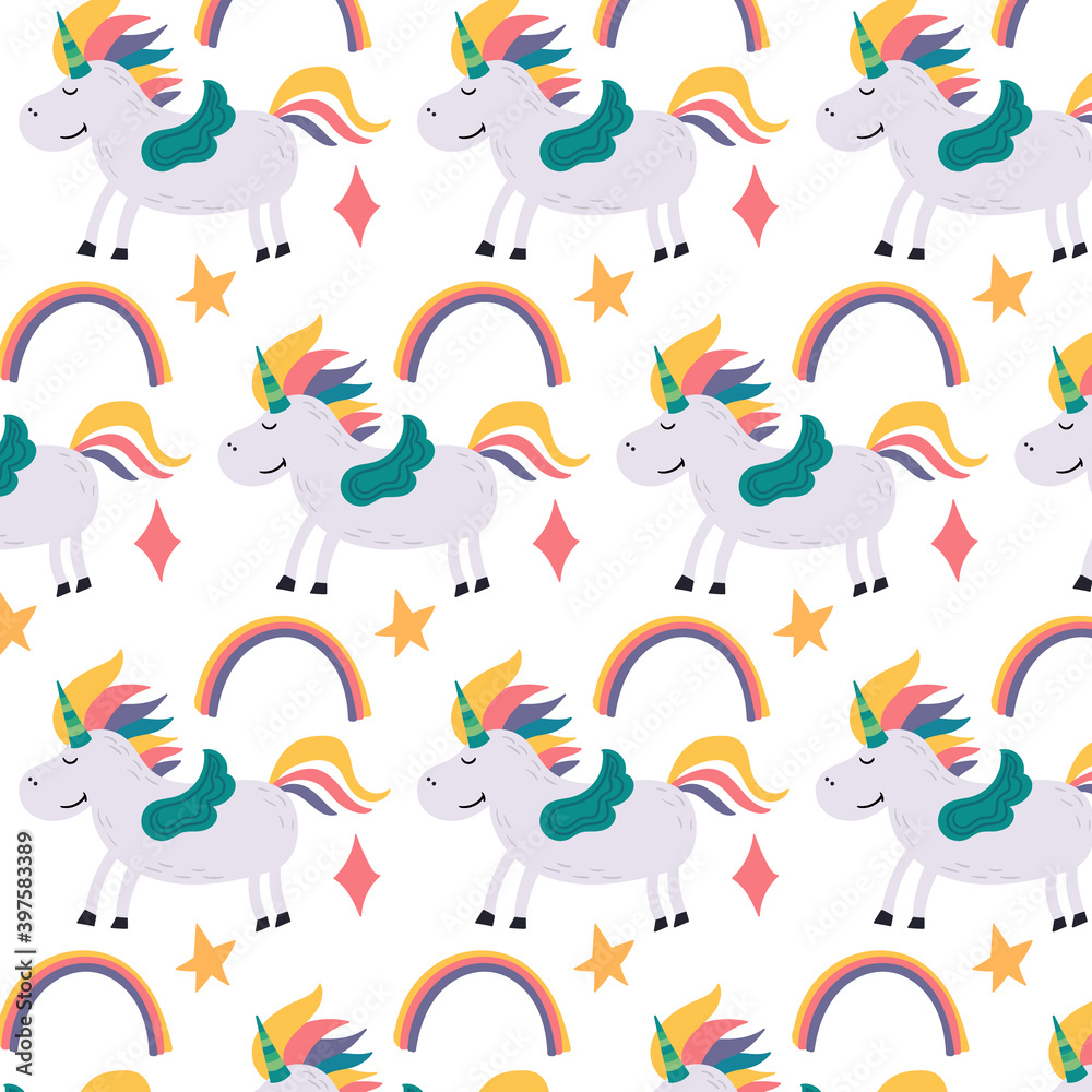 Magic pattern rainbow and unicorn. Children wallpaper for nursery decor. Modern flat vector seamless illustration Magic pattern rainbow and unicorn. Children wallpaper for nursery decor. Modern flat vector seamless illustration