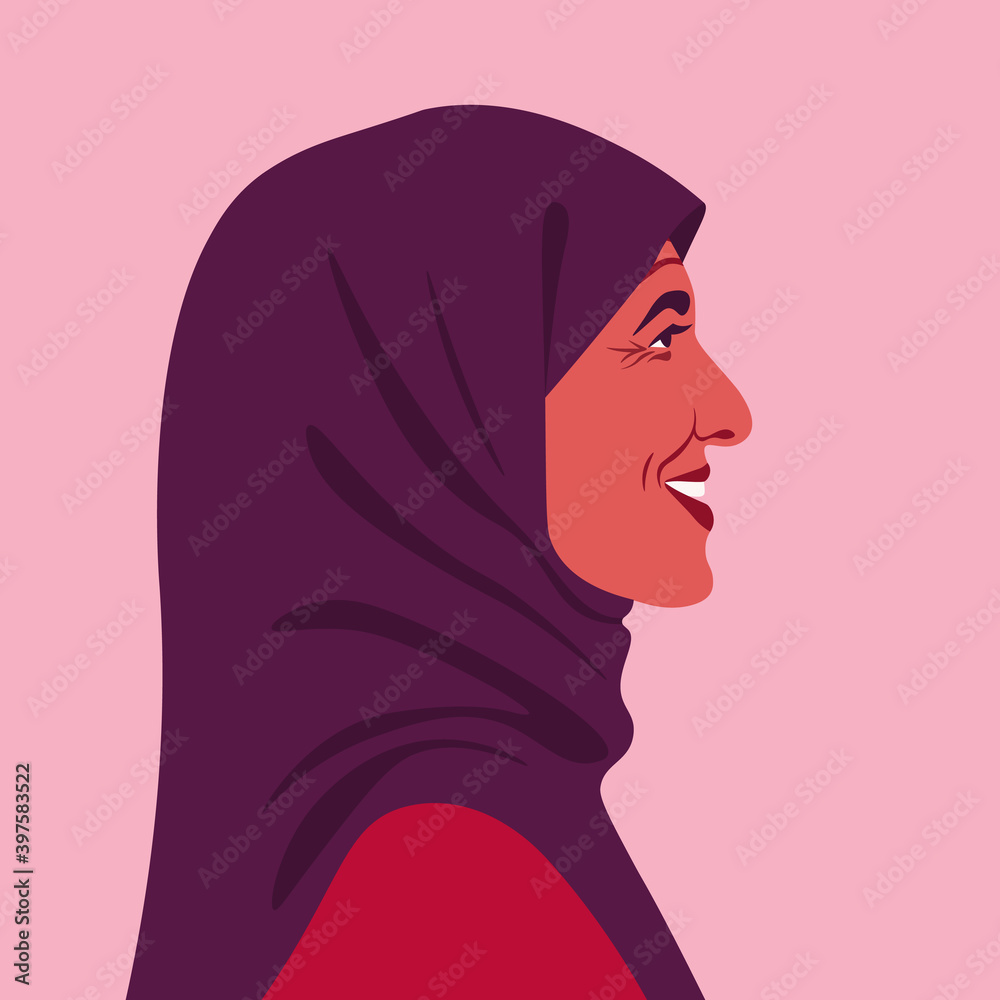 Profile of a happy muslim woman. Side view of an Arab grandmother in